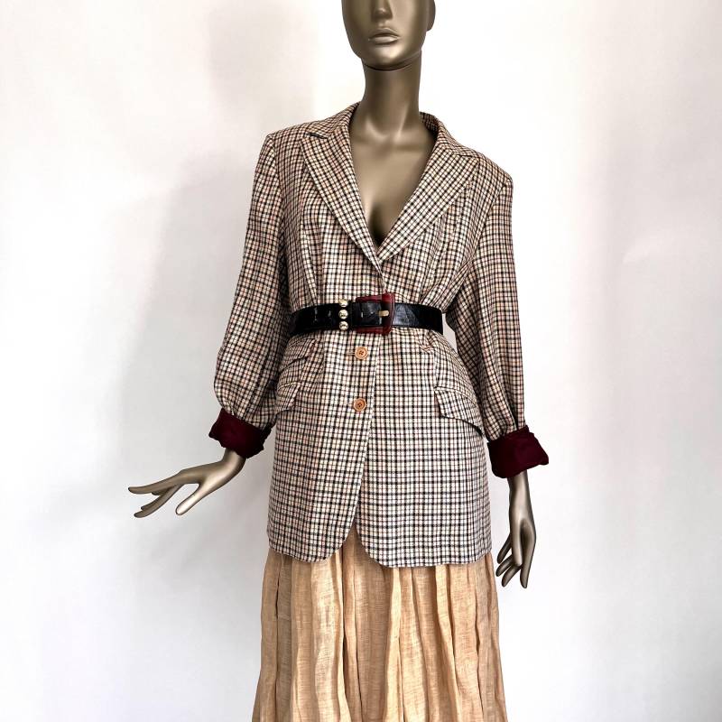 70Er Karo-Blazer Beige Bunt Kariert Jacke Wolle Club Sakko Xxl von TheDustyDecades