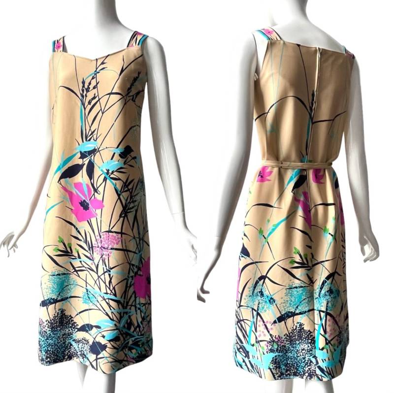 70Er Kleid Beige Bunt Breite Träger/Floral M Blumenkleid Midi Etuikleid Sommerkleid von TheDustyDecades