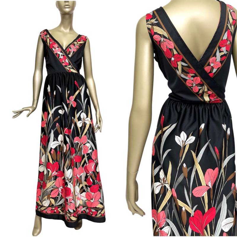 70Er Kleid Bunt Lang Abendkleid Tiefer Ausschnitt Vintage Maxikleid von TheDustyDecades