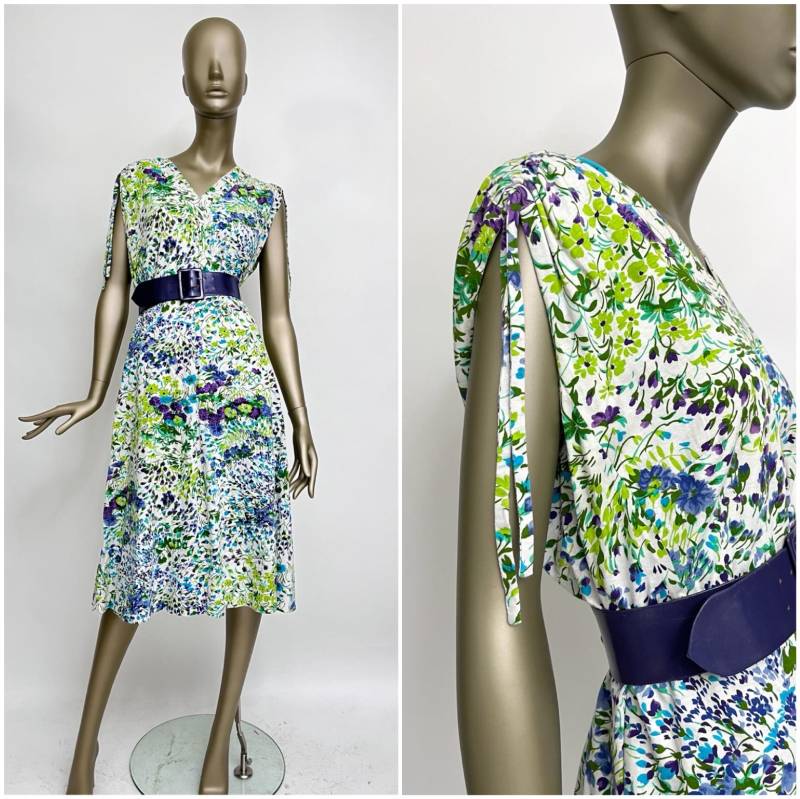 70Er Kleid Geblümt Geraffte Schulter Baumwolle Vintage Blümchenkleid Midi von TheDustyDecades