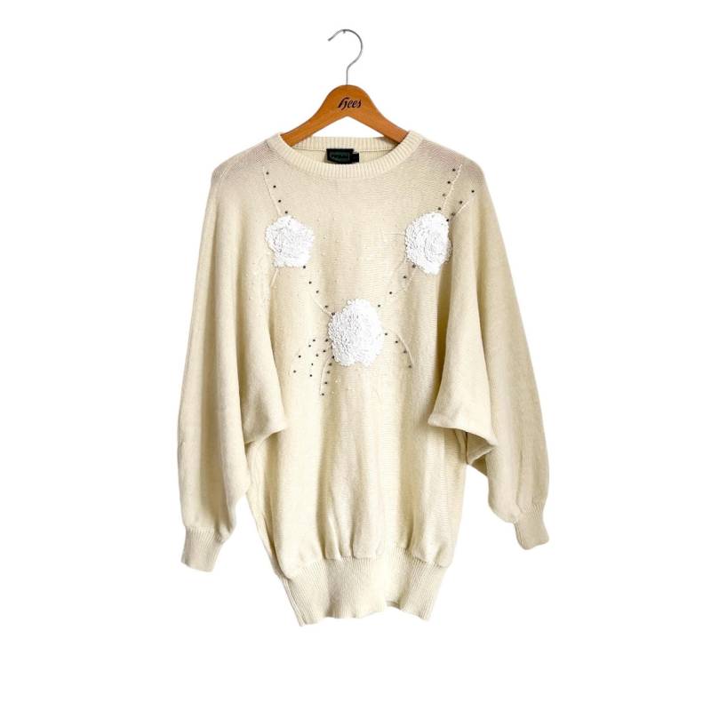 70Er Pullover Beige Perlen Pailletten Bestickt Fledermausärmel/Langer Vintage Pulli Weite Ärmel Damen L von TheDustyDecades