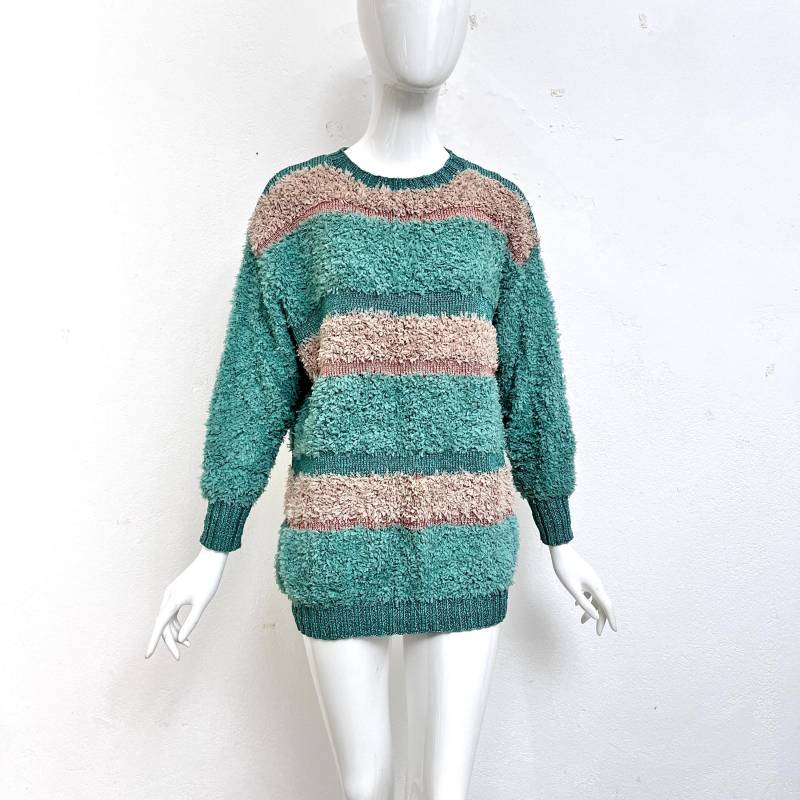 70Er Pullover Handarbeit Grün Braun/Damen Pulli M L Gestreifter Rundhals-Pullover Vintage Strickpullover Wollpulli von TheDustyDecades