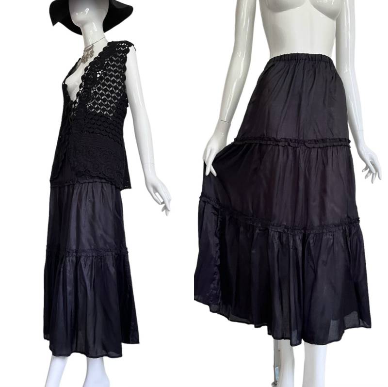 70Er Rock Schwarz Viskose Gummibund Hippie E.b. Design/Midirock /Glanz True Vintage Damen S M Boho von TheDustyDecades