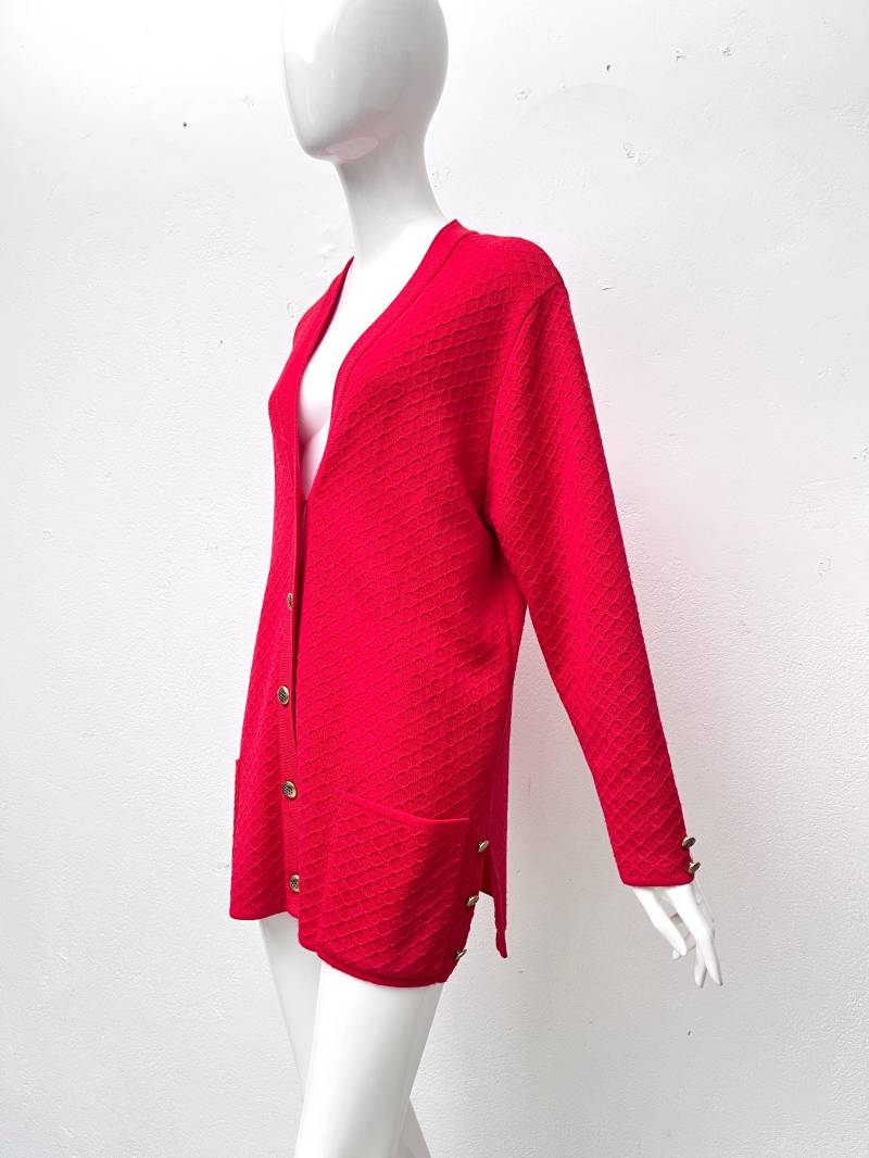 70Er Strickjacke Rot Goldknöpfe/Waffel-Optik Cardigan Schurwolle Damen Vintage Xl Damenjacke Lang von TheDustyDecades