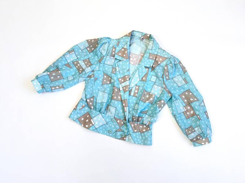 70S Bluse Mit Buster Hellblau Schulterpolster Breiter Bund Puffärmel Hemd Damen M von TheDustyDecades