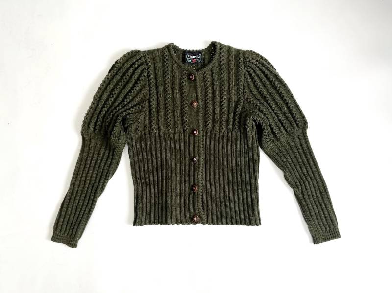 70S Strickjacke Schurwolle Bohemien Made in Austria Cardigan Oliv-Grün Vintage Strick, L, Xl von TheDustyDecades