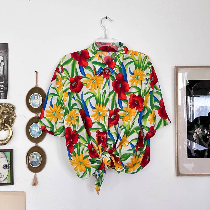 80Er Hemd Lang Blumenmuster Viskose/Bluse Floral Sommerhemd Long-Bluse Damen L Xl Lässig von TheDustyDecades