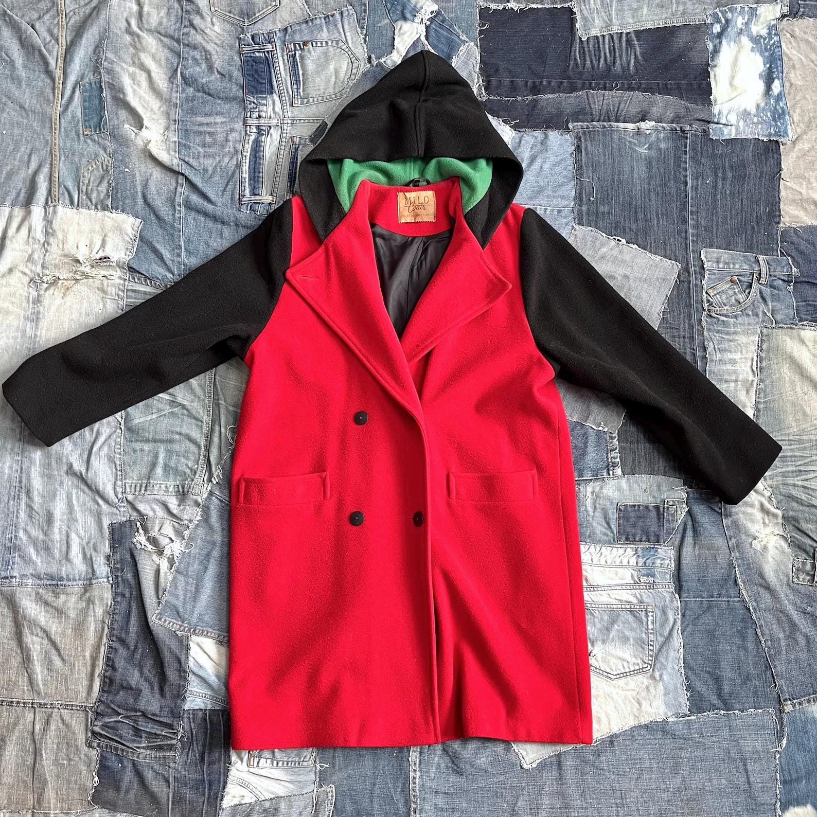 80Er Mantel Mit Kapuze Schurwolle Wollmantel Bunt Vintage Damenmantel Milo Coats L von TheDustyDecades