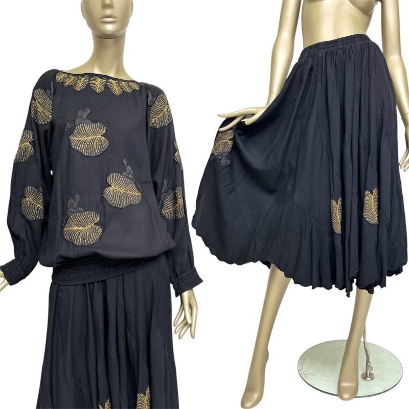 80Er Rock Und Bluse Schwarz Bestickt Vintage Zweiteiler Damen Zipfelrock Rayon Luxus von TheDustyDecades