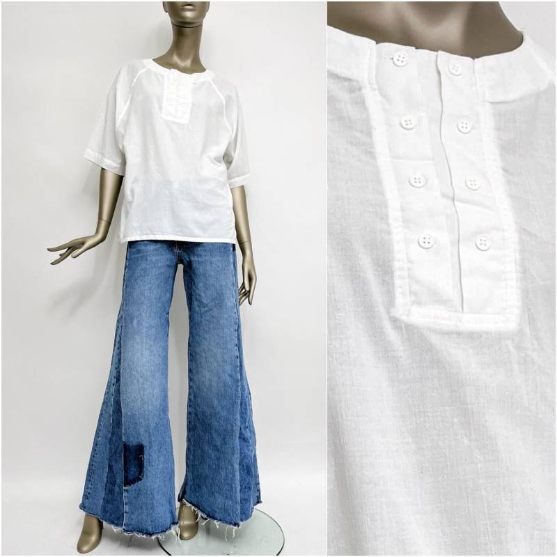 80Er Shirt Weiß Uni Doppelte Knopfleiste Lässig Kurzarm Baumwolle Weite Ärmel Damen Vintage L von TheDustyDecades