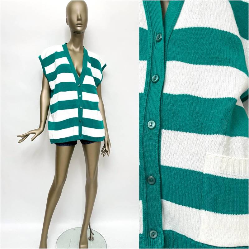 80Er Strickweste Lang Grün Weiß Blockstreifen Oversize Vintage Weste Gestreift Pullunder Damen von TheDustyDecades