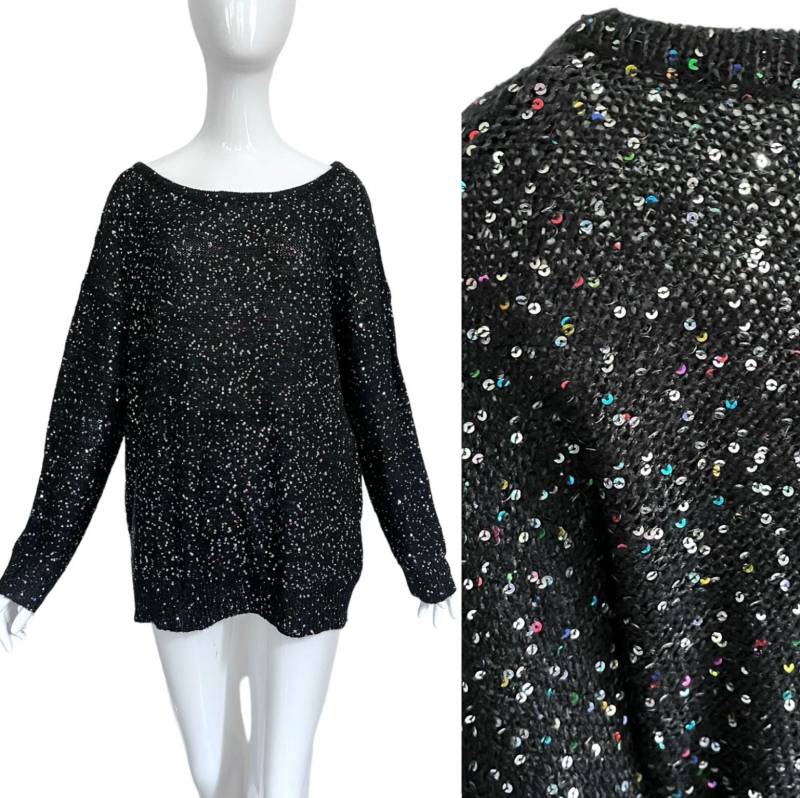 80S Glitzerpulli Pailletten Bunt Abend Disco Lässig True Vintage Pullover Damen Glitzer Schwarz L Xl von TheDustyDecades
