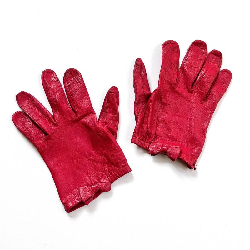 80S Handschuhe Leder Rot Schleife/Vintage Damen Lederhandschuhe Fingerhandschuhe von TheDustyDecades