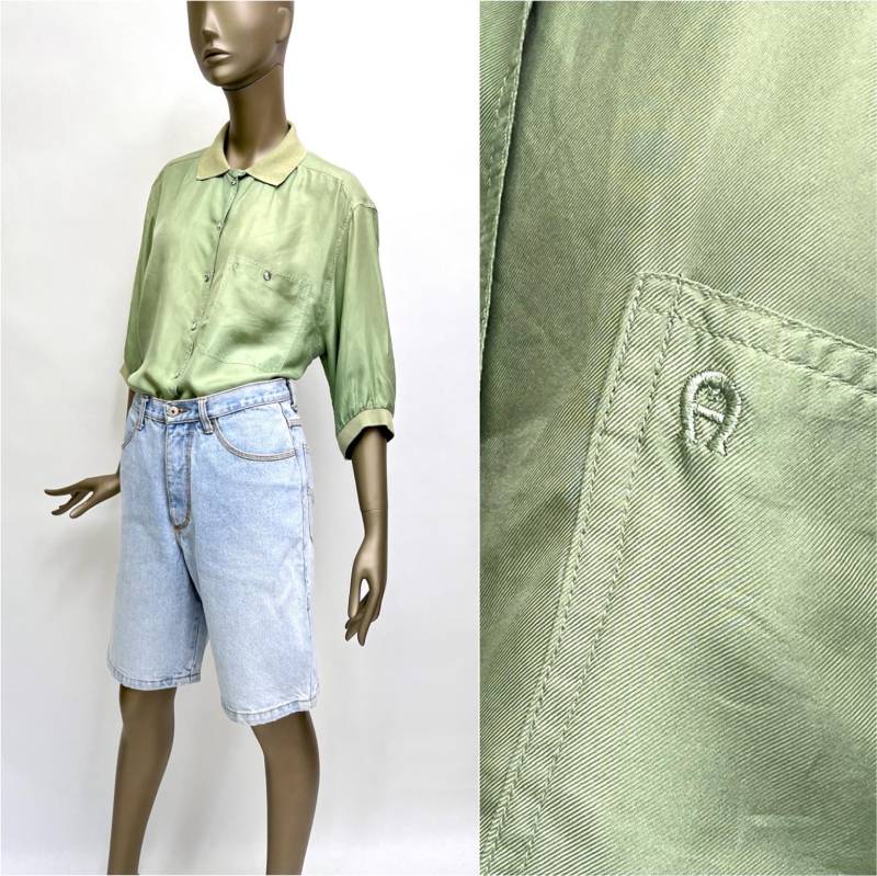 80S Hemd Apfelgrün Seide Etienne Aigner Vintage Seidenbluse Strickkragen Kurzarm, L, Xl von TheDustyDecades