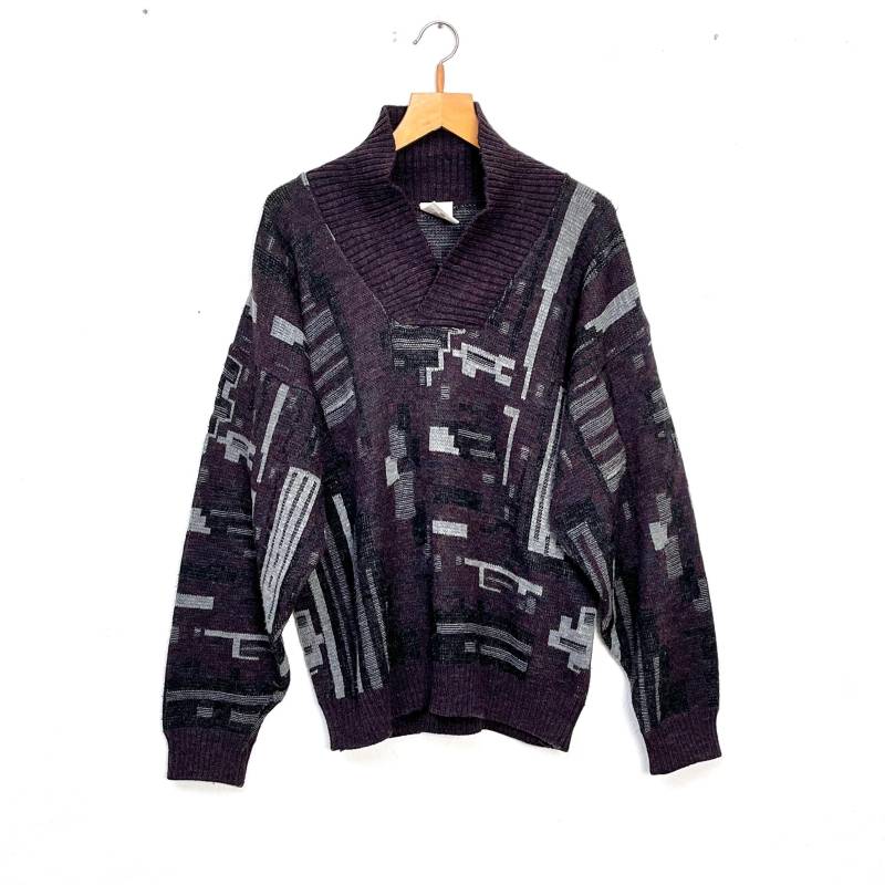 80S Pullover Bordeaux-Rot Grau Mit Muster Angelo Litrico/Wollpulli Herren Strickkragen Crazy Pattern von TheDustyDecades