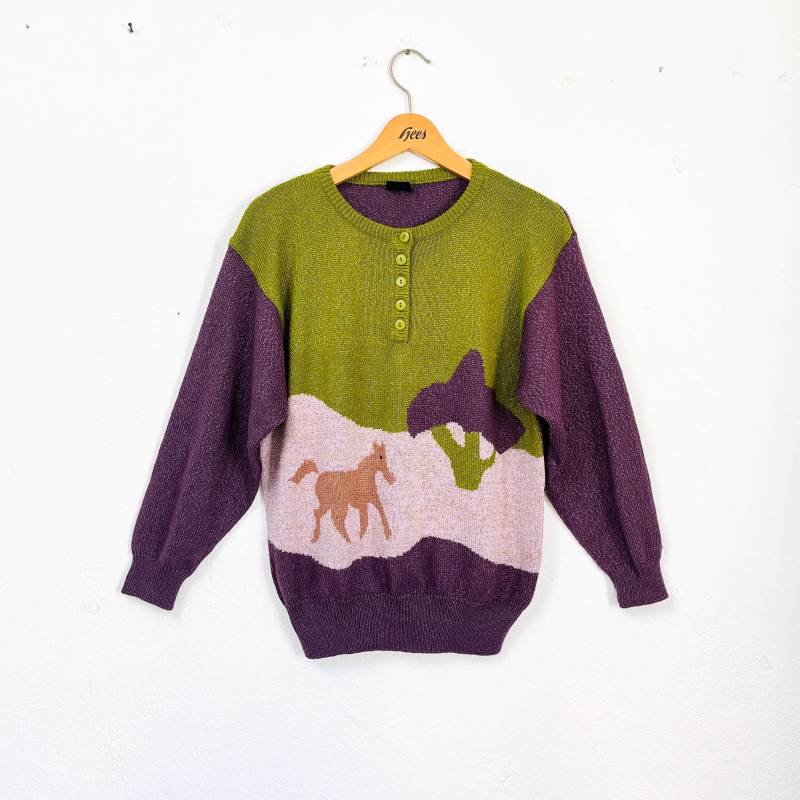 80S Pullover Glitzer/Crazy Pattern Pulli Damen Vintage Mit Muster Pferdemuster von TheDustyDecades