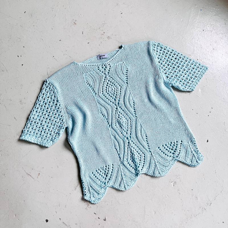 80S Pullover Hellblau Kurzarm Gewellt Vintage Strickpullover Blau Damenpulli L von TheDustyDecades