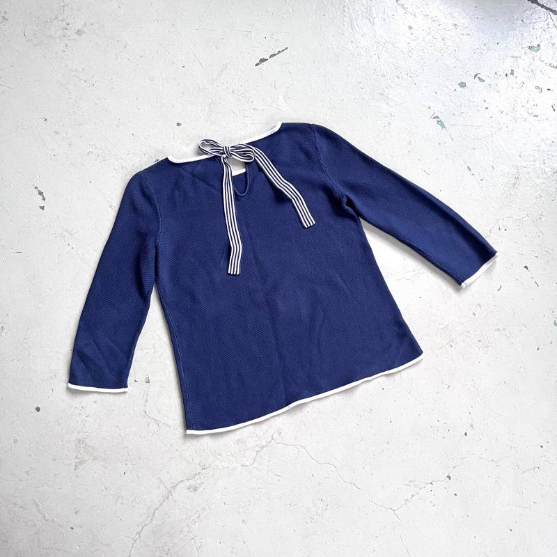 80S Pullover Navy Baumwolle Feinstrick True Vintage Damenpullover M Pulli Mit Schleife von TheDustyDecades