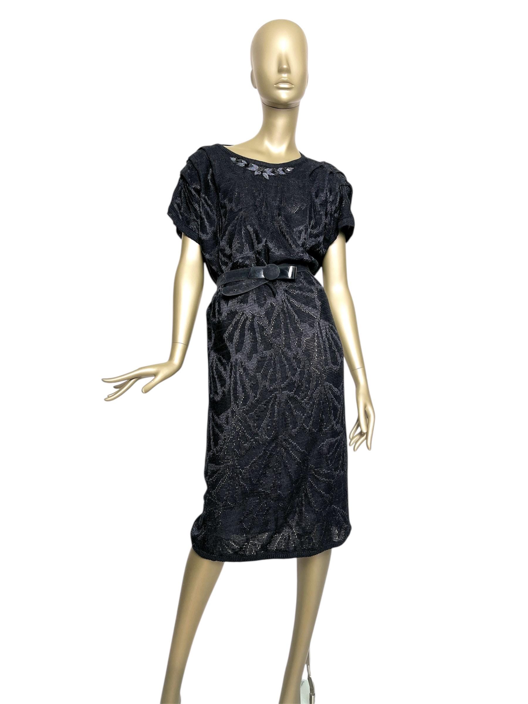 80S Strickkleid Schwarz Perlen, Abendkleid, Weites Kleid Midi Feinstrick, Transparent, L von TheDustyDecades