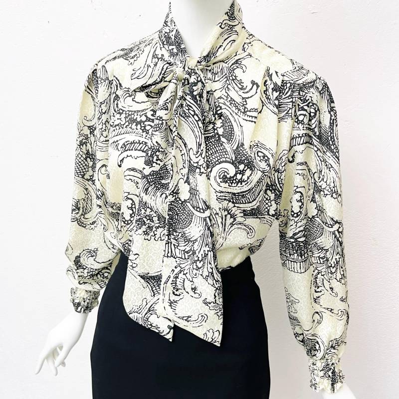 90S Bluse Schalkragen Beige Schwarz/Vintage Crazy Pattern Hemd Damen Gummibund Schluppenbluse Festlich M, L von TheDustyDecades