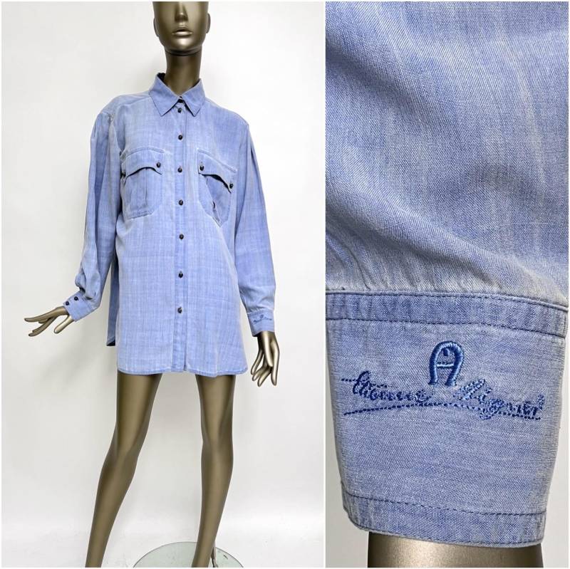 90S Hemd Seide Etienne Aigner Blau Vintage Bluse Oversize Seidenhemd Damen L, Xl von TheDustyDecades