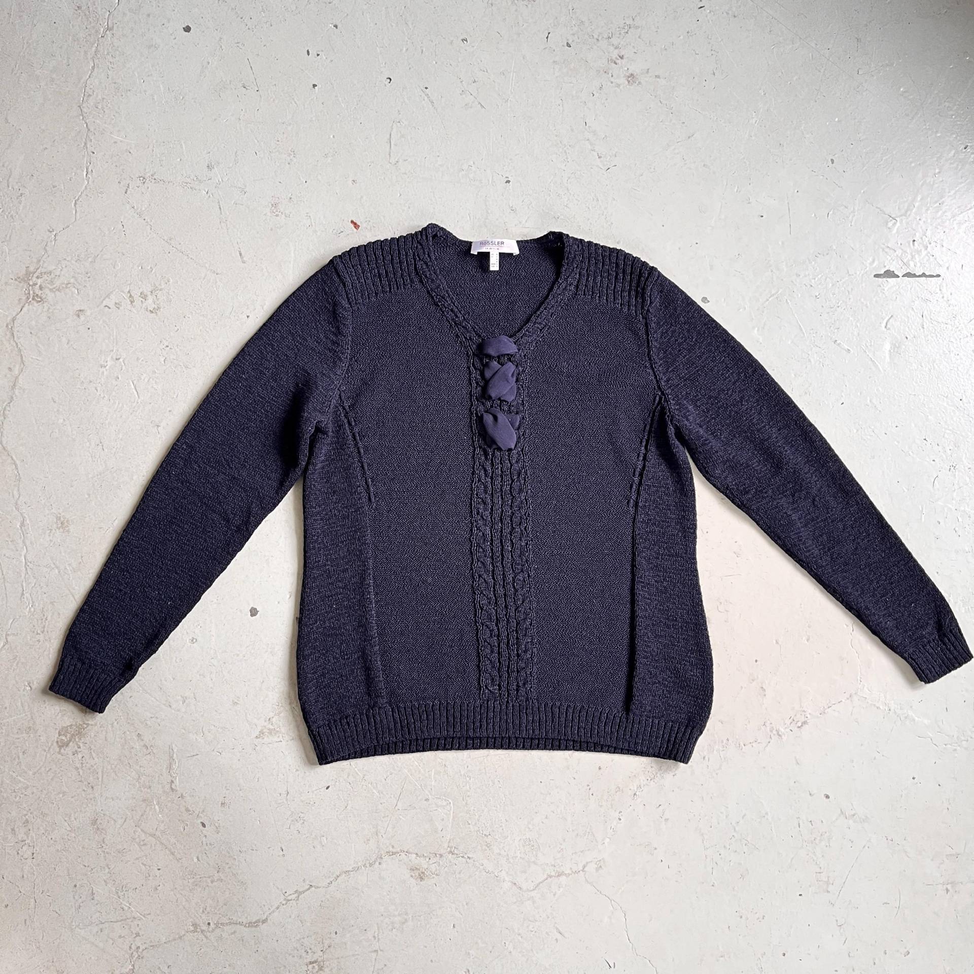 90S Pullover Dunkelblau Baumwolle True Vintage Damenpullover Blau Geflochtenes Band Pulli 40 M L Strickpullover von TheDustyDecades