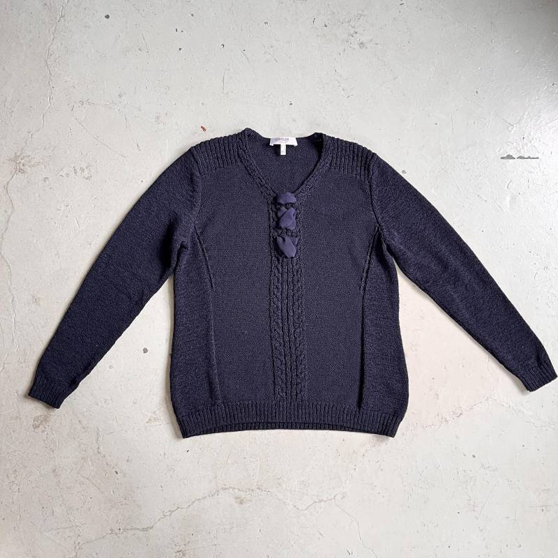 90S Pullover Dunkelblau Baumwolle True Vintage Damenpullover Blau Geflochtenes Band Pulli 40 M L Strickpullover von TheDustyDecades