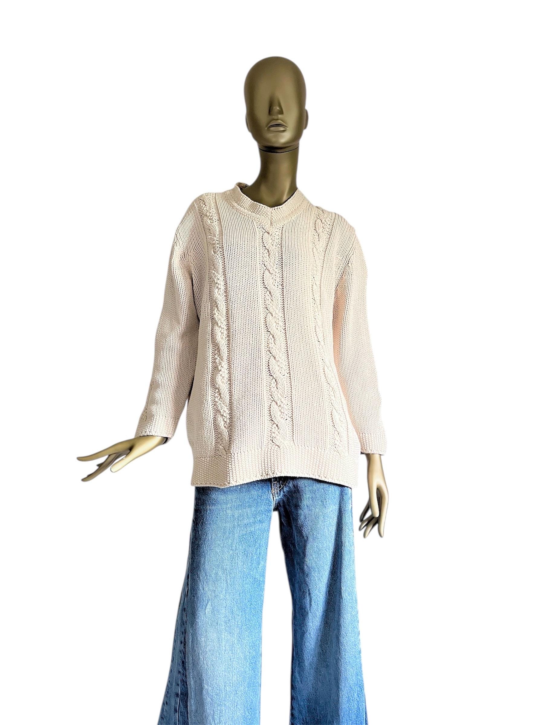 90S Pullover Ecru Baumwolle Vintage Damen-Pullover V-Ausschnitt Zopfmuster Stickpulli, M von TheDustyDecades