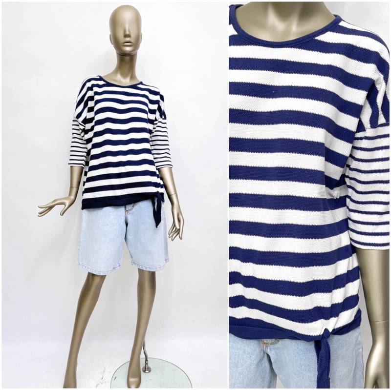 90S Pullover Gestreift Blau Weiß Halbarm Sommer-Pulli Baumwolle Damenpullover Streifen von TheDustyDecades