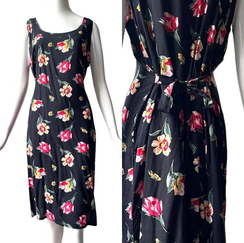 80Er Blumen-Kleid Viskose Schwarz Bunt/Vintage Midi Xl Urlaub Floral Strandkleid von TheDustyDecades