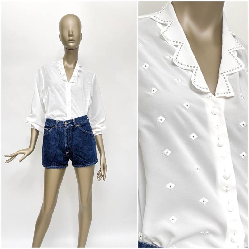 Bluse Weiß Bestickt 70Er Hemd Gezackter Kragen Vintage Oberteil Spitze Stickmuster Boho von TheDustyDecades