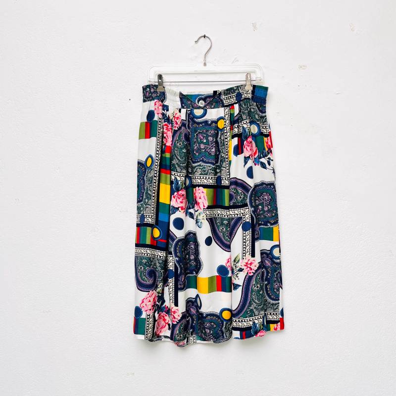 Bunter Rock 1970S Viskose Gummibund Crazy Pattern Vintage Midirock Mit Muster Damen Größe M L von TheDustyDecades