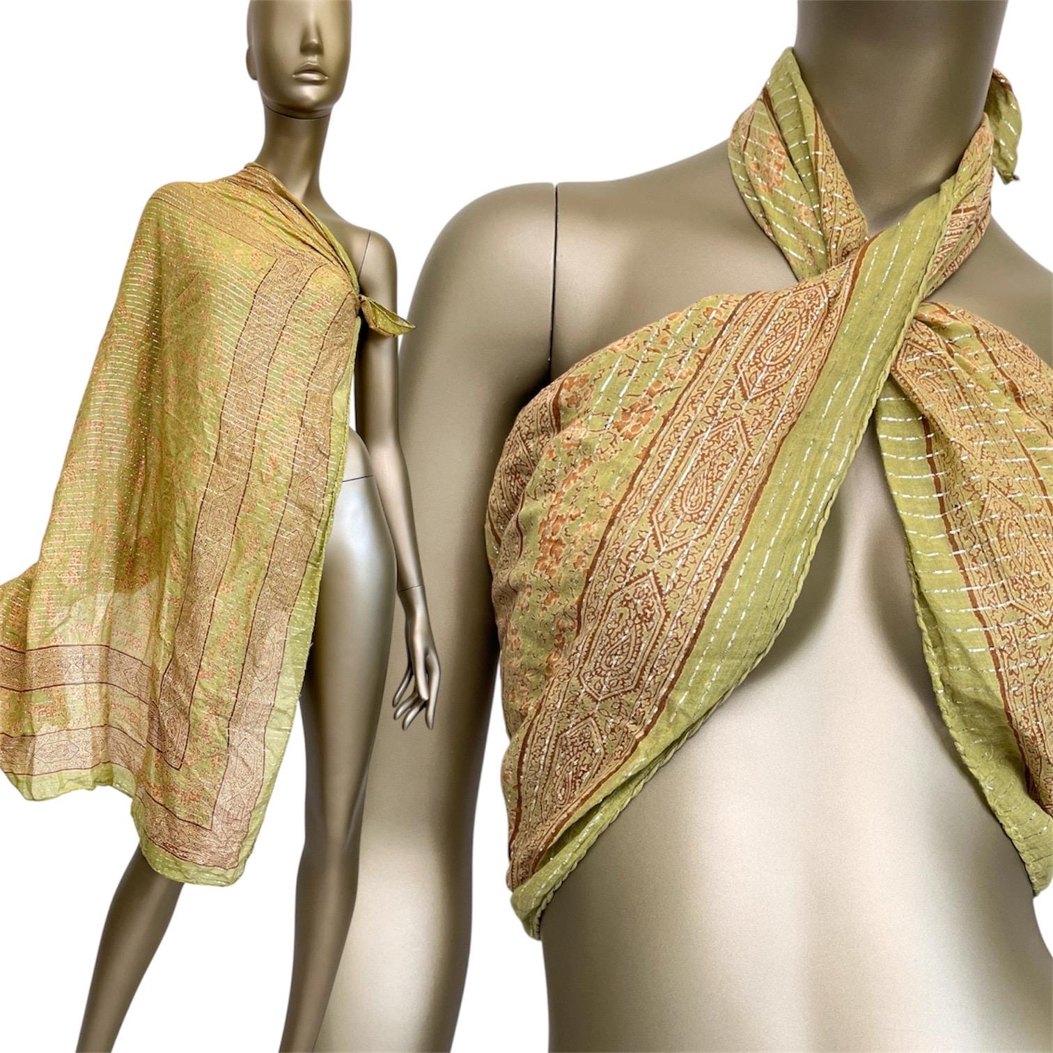 Großer Vintage Schal Indisch Grün Braun Glitzer Boho Tuch 1970S Hippie Halstuch Baumwolle Xxl von TheDustyDecades