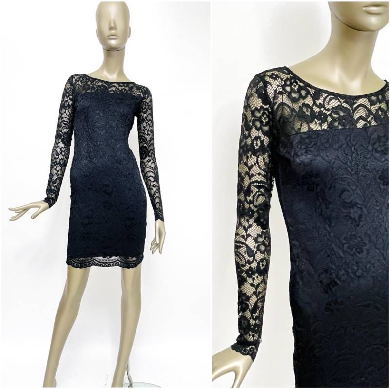 Kleid Schwarz Spitze Y2K Vintage Abendkleid Guess Langarm Mini Stretchkleid von TheDustyDecades