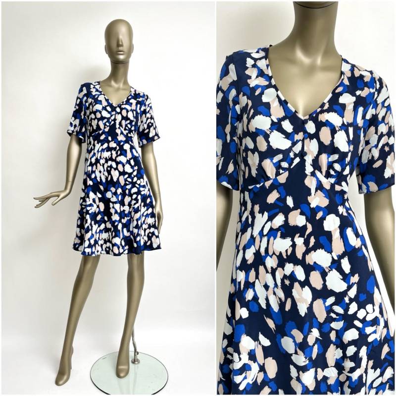 Kleid Seide Y2K Seidenkleid Vintage Damen Tunika-Kleid David Pieper Blau Weiß Braun Muster M L von TheDustyDecades