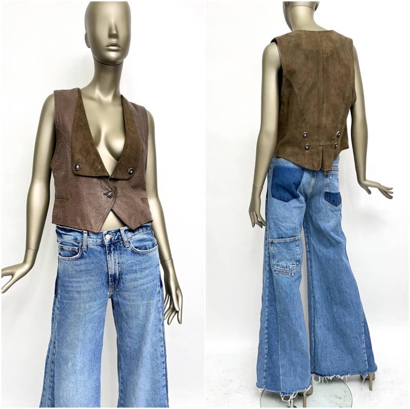 Leder-Weste 1990S Braun Grün Wildleder Glattleder Farbmix Lederweste Vintage Kristall Munich Boho von TheDustyDecades