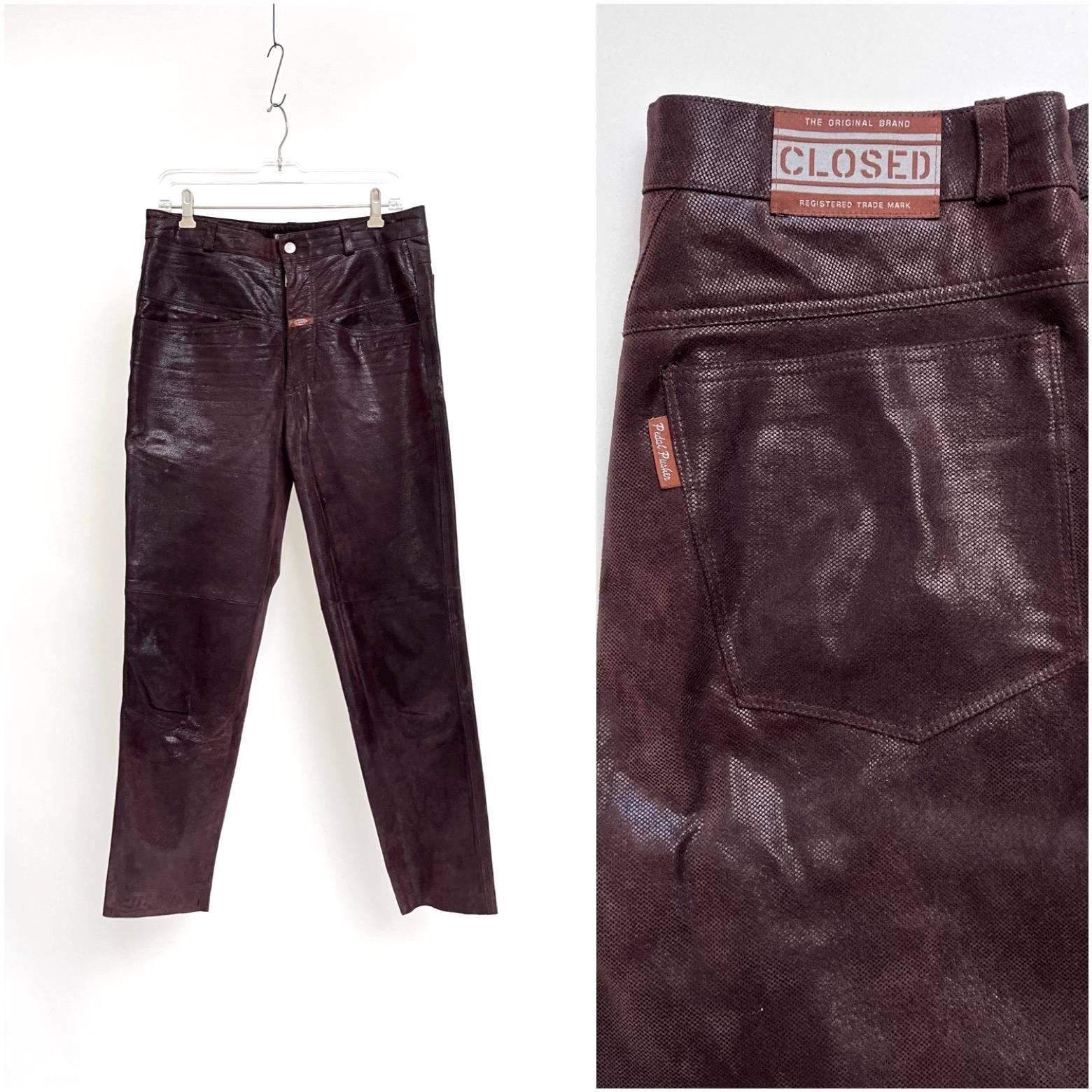 Lederhose Braun 90S Closed Pedal Pusher Rotbraunes Leder Damenhose Vintage von TheDustyDecades