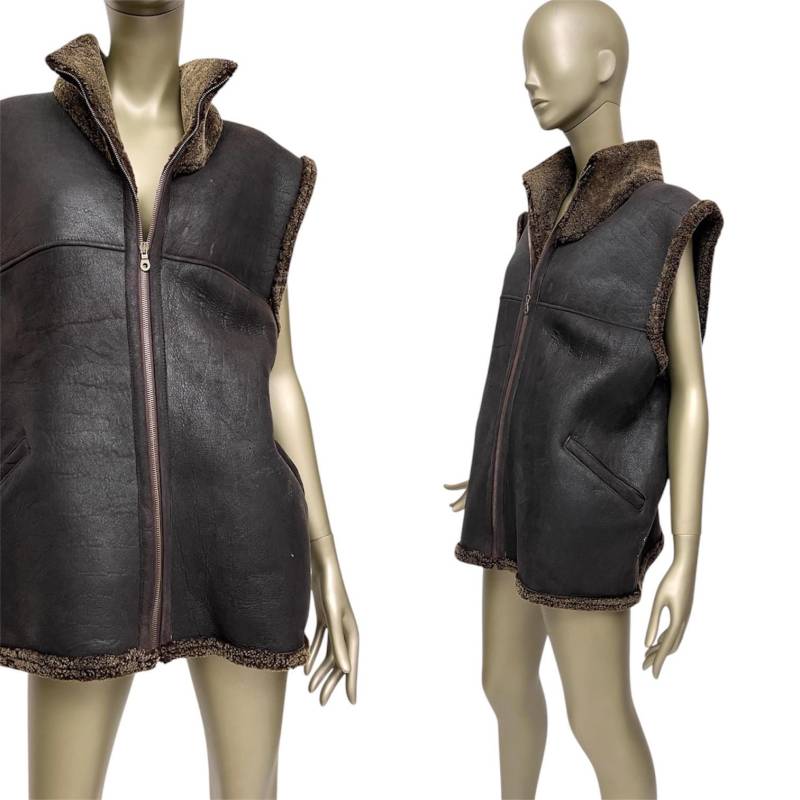 Lederweste Braun 1980S Fellweste Pielini Damen-Jacke Ohne Arm Vintage Weste Oversize von TheDustyDecades