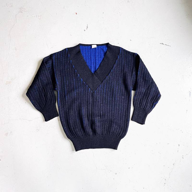 Long Pulli Schwarz Blau Glitzer 70S Wollpullover V-Ausschnitt Damen Pullover Weit von TheDustyDecades