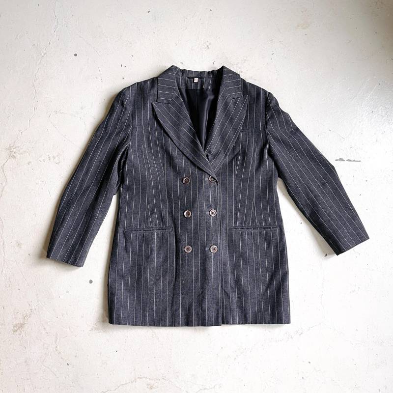 Nadelstreifen Blazer 80S Doppelreihig Geknöpft Vintage Jacke Damen Lang Grau Gestreift Long von TheDustyDecades