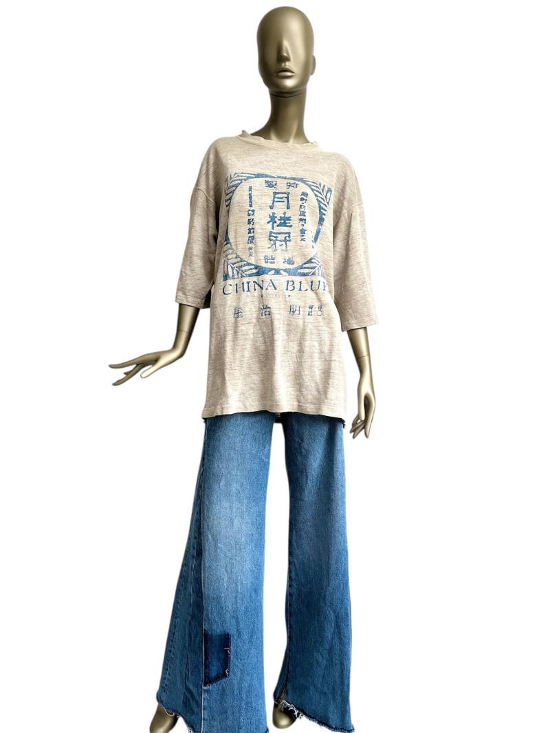 Oversize Shirt 80Er Leinen Taverniti T-Shirt Hellbraun Beige Striktur Print Xxl Oberteil Unisex von TheDustyDecades