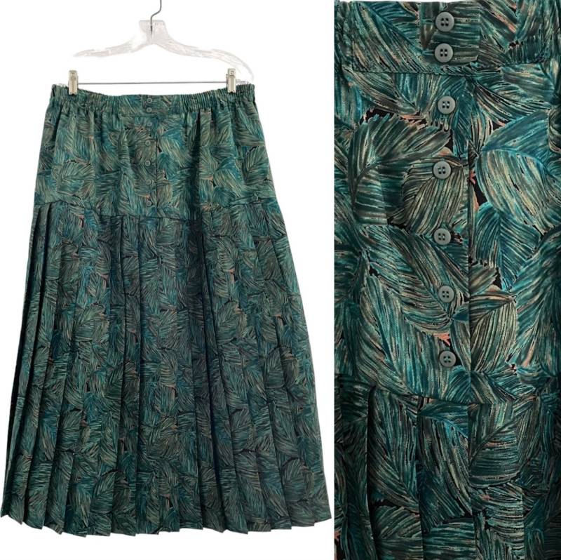 Plissee Rock Grün Muster 1970S Midirock Vintage Plisseerock Weit Von Today L Xl von TheDustyDecades