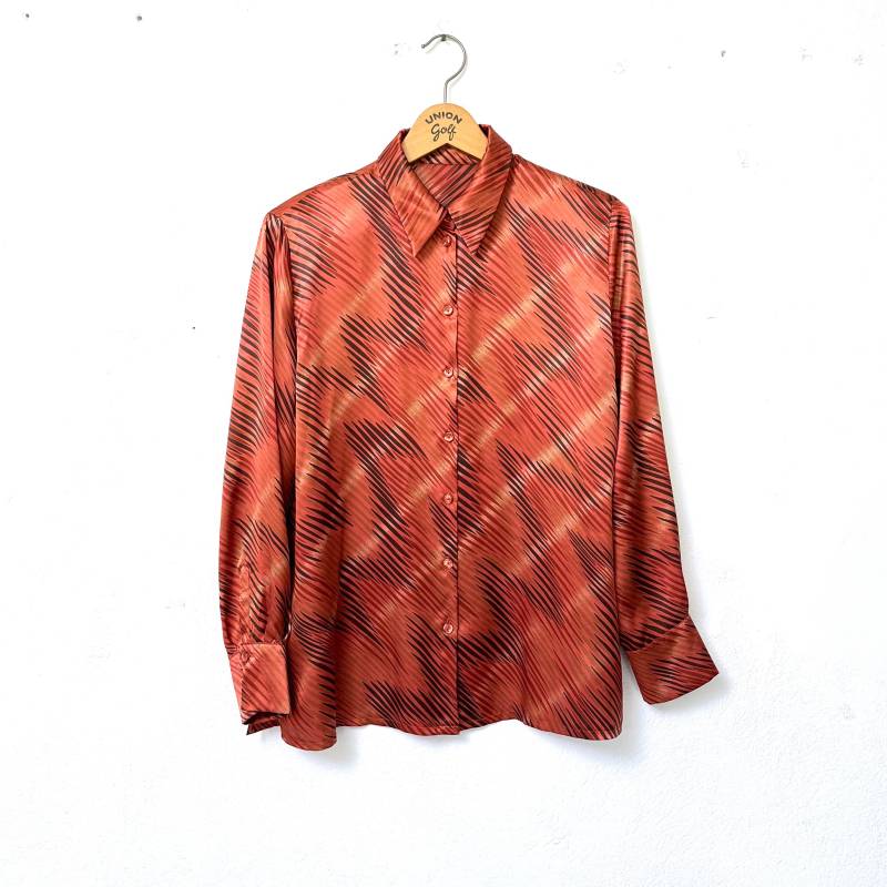 Satin Bluse 90S Kupfer-Braun/Damen Hemd Crazy Pattern Vintage Glanz Festlich, L von TheDustyDecades