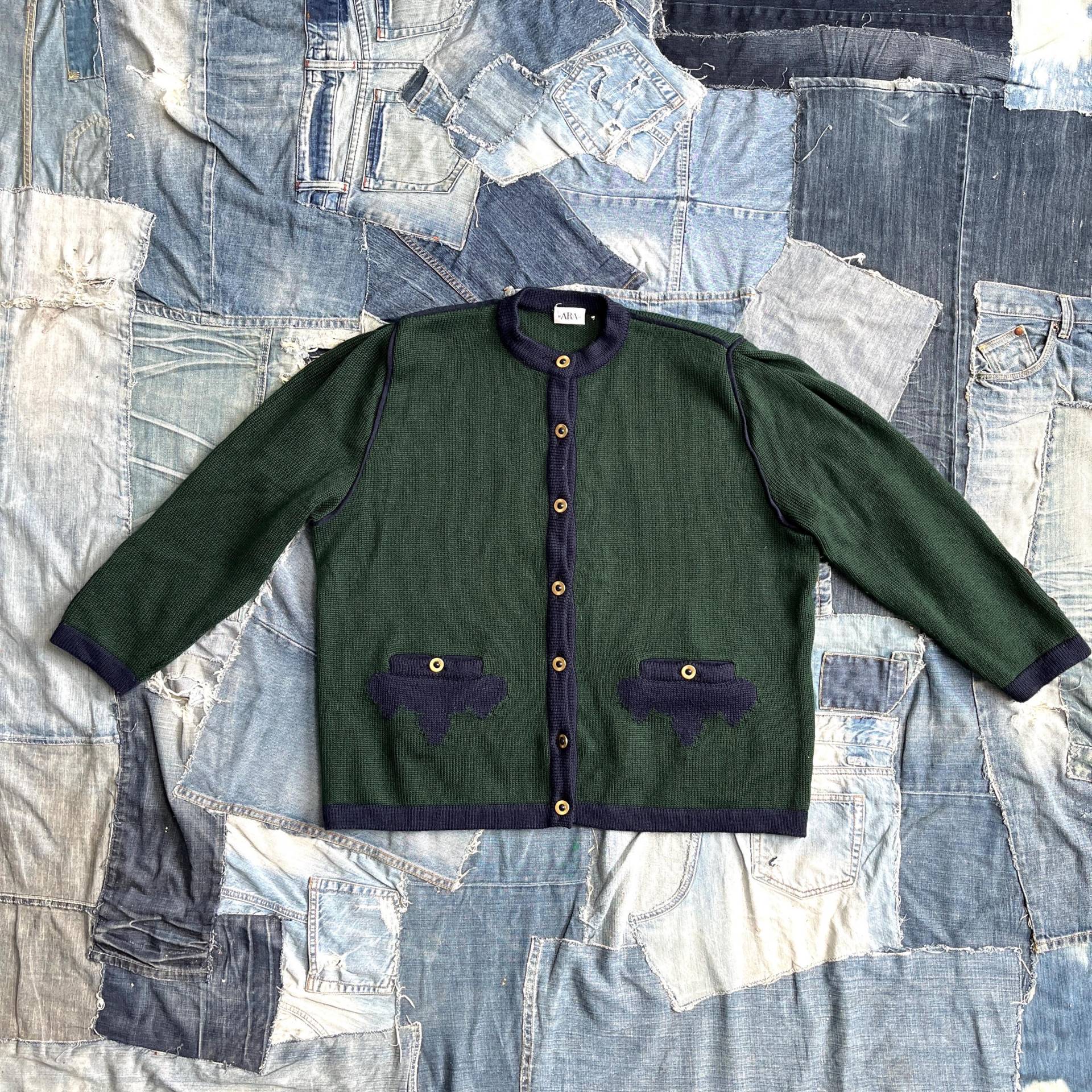 Strickjacke Grün Blau 80Er Ara Damen Jacke Schurwolle Kurzjacke Strick von TheDustyDecades