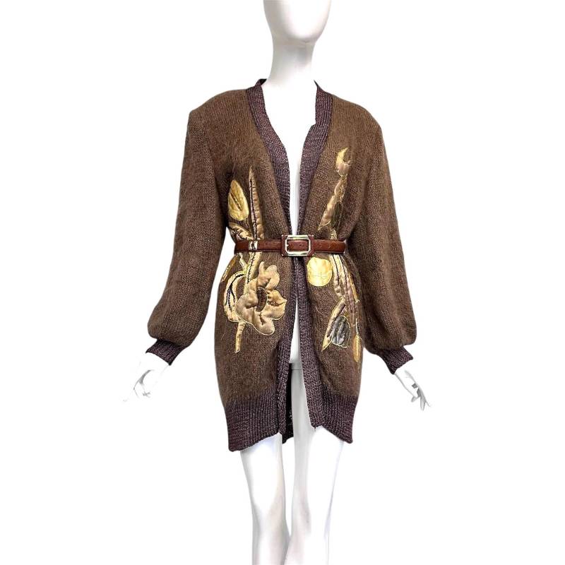 Strickmantel Braun Bestickt 80S Oversize Strickjacke Vintage Wollmantel Satin Perlen L Xl von TheDustyDecades