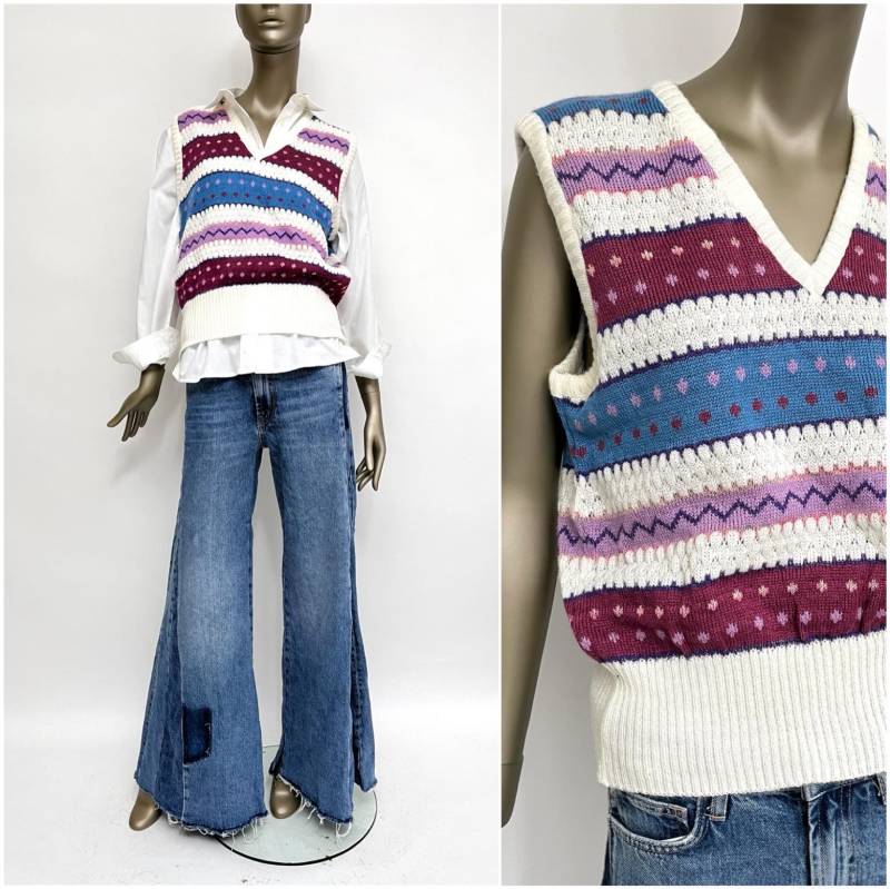Strickweste 1970Er Bunt Pullunder Strick Vinatge Pulli Ohne Arm Boho V-Ausschnitt von TheDustyDecades