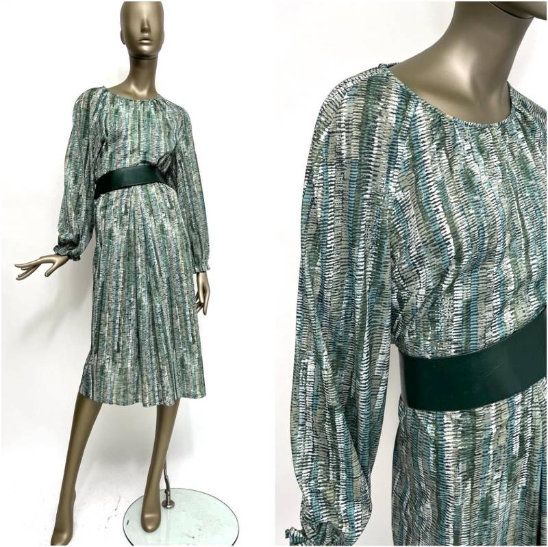 Tunika-Kleid 1970Er Grün A-Form Vintage Kleid Oversize Rundhals Kleines Muster Langärmelig 70S Damen von TheDustyDecades