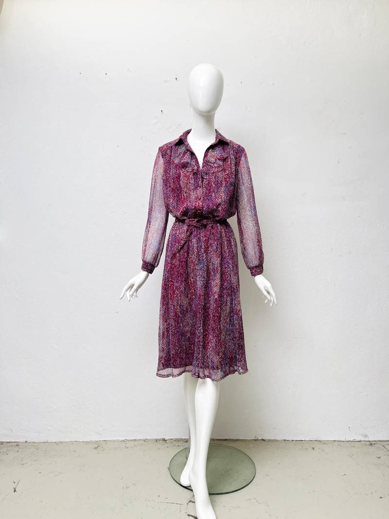 Vintage Kleid Rüschenkragen 1970Er Midi Dress Transparente Ärmel Damen Größe M L von TheDustyDecades