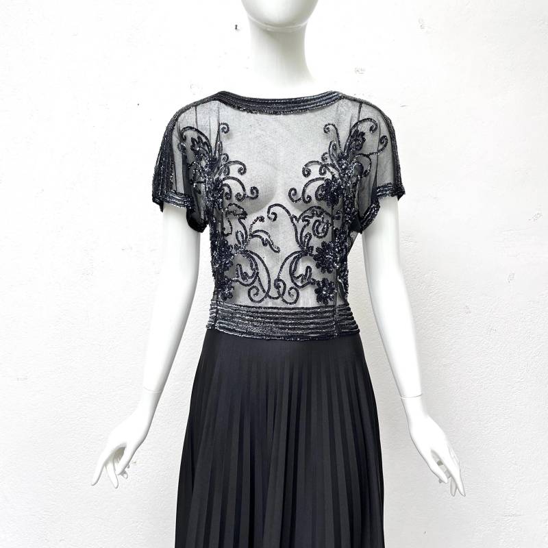 Vintage Kleid Schwarz Perlen Bestickt, 90S Abendkleid Lang, Maxikleid Festlich, Party Outfit, Ärmelloses Transparent, L von TheDustyDecades