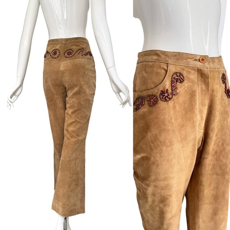 Vintage Lederhose Hellbraun 1990S Wildleder Hose Damen Schlaghose Hippie Boho von TheDustyDecades